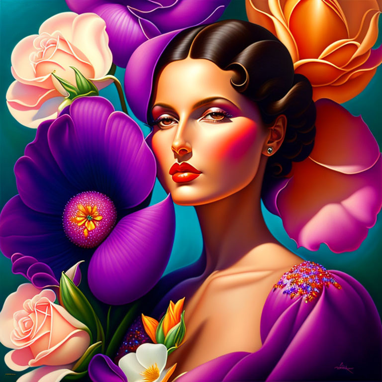 Vibrant flower-themed portrait with bold makeup and surreal elegance