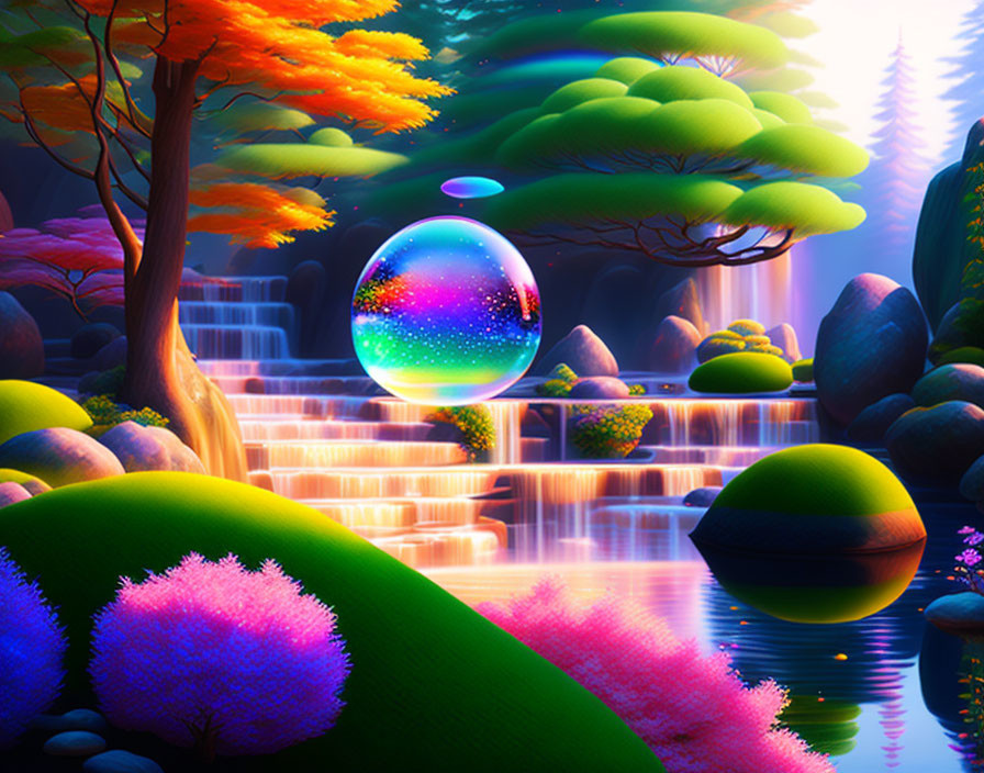 Colorful digital artwork: Magical landscape with sparkling orb above waterfall