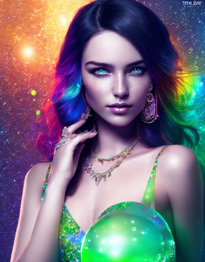 Vibrant digital portrait of woman with rainbow hair and blue eyes against cosmic backdrop