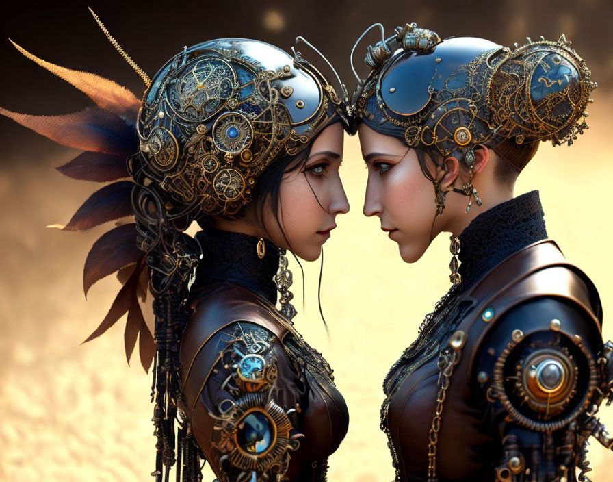 Steampunk-themed figures with ornate headgear and metallic gears in warm setting