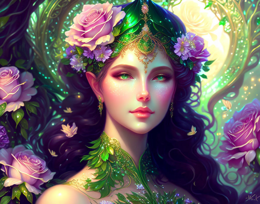 Ethereal female figure with green eyes in mystical rose-filled setting