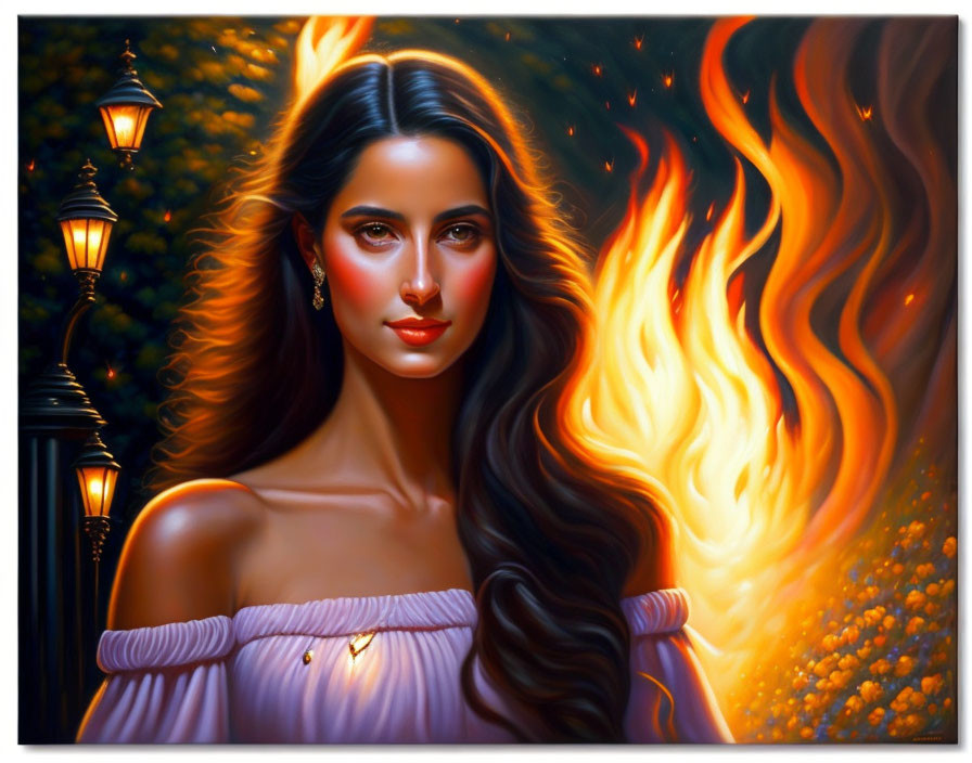 Digital painting of woman with long flowing hair and fiery backdrop in warm, mystical scene