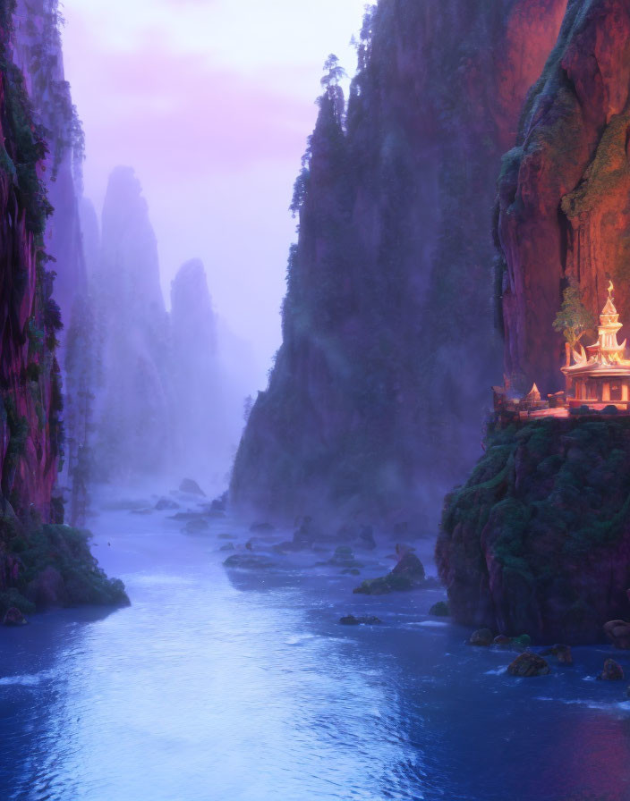 Mystical river in narrow gorge with Asian pagoda amid misty ambiance