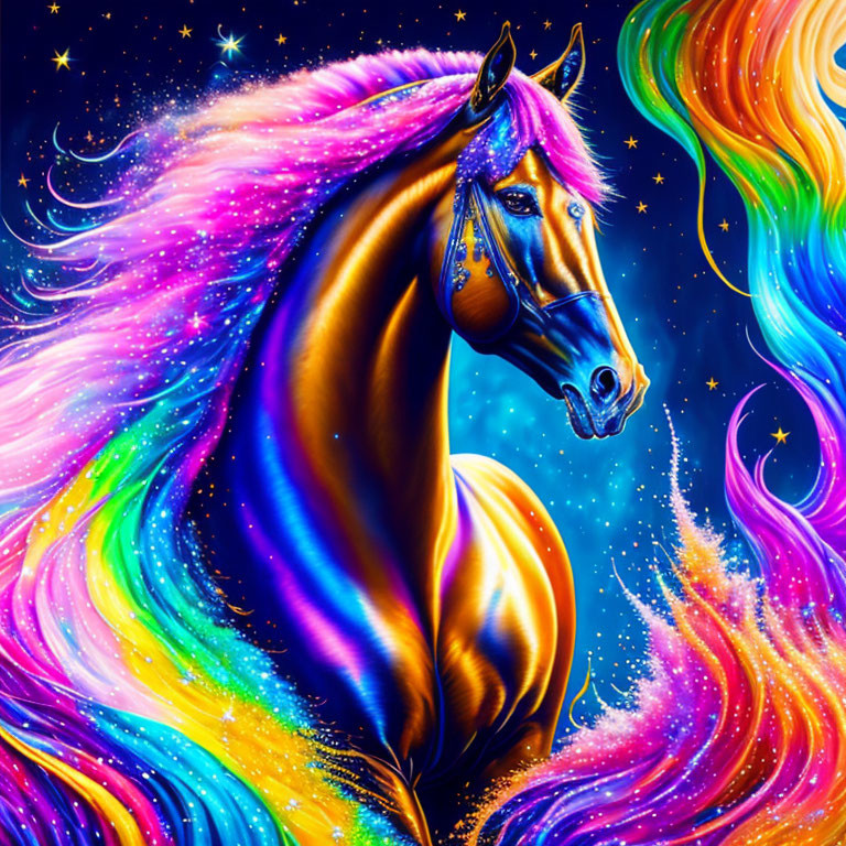 Colorful Majestic Horse Illustration with Rainbow Mane in Cosmic Setting