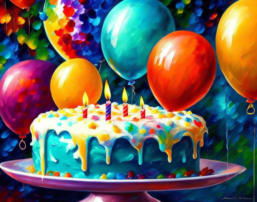 Colorful Birthday Cake Painting with Candles and Balloons