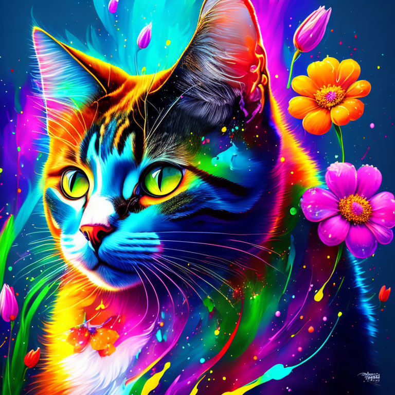 Colorful Cat Digital Artwork with Green Eyes and Neon Swirls