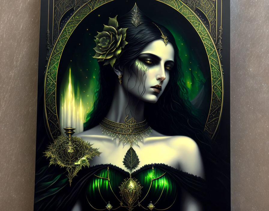 Ethereal woman with dark hair, green accents, golden jewelry, and leaf motifs.