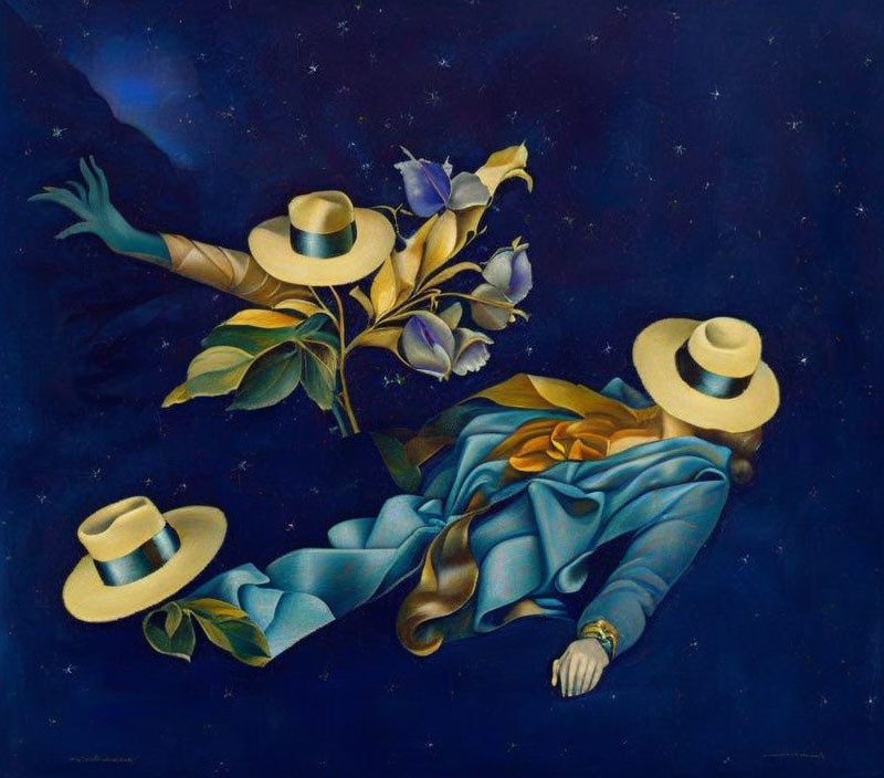 Surreal painting of floating figures in straw hats with calla lilies