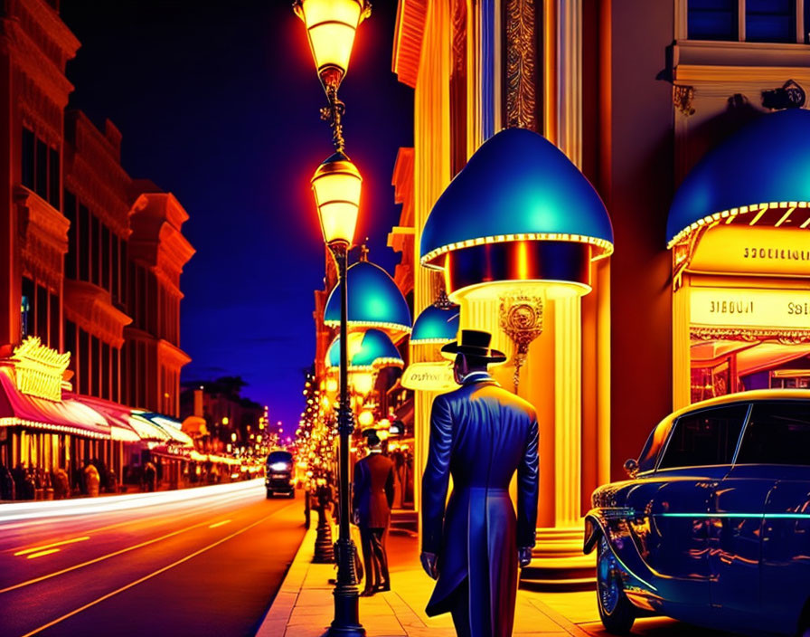 Stylized image of person in hat and suit on vibrant city street at night