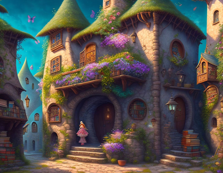 Charming cottage with green rooftops, floral decorations, butterflies, and person in pink dress.