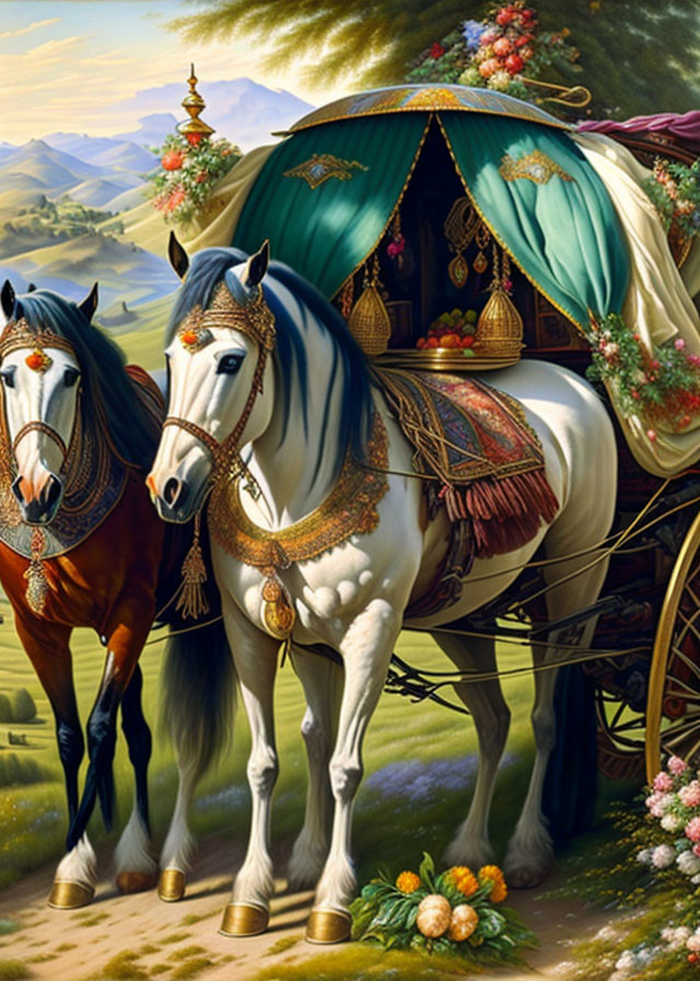 Adorned White Horses in Front of Richly Decorated Caravan