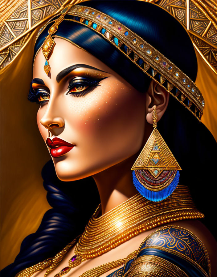 Portrait of a Woman with Striking Makeup and Ornate Gold Jewelry