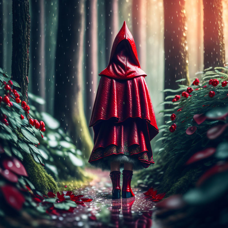 Person in Vibrant Red Cloak on Forest Path with Red Berries, Greenery, and Falling