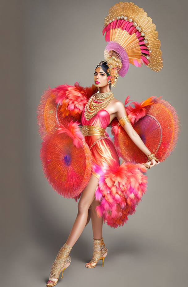 Colorful Carnival Costume with Golden Skirt and Feather Wings