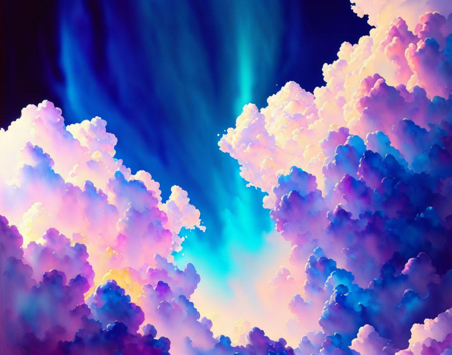 Colorful digital artwork: Fluffy pastel clouds against blue and purple aurora backdrop