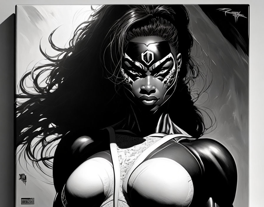 Monochrome illustration of a masked female superhero with emblem on chest