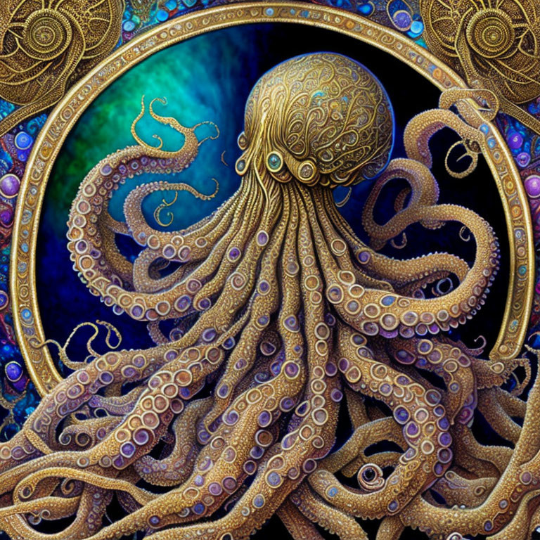 Detailed Octopus Design Against Cosmic Background with Patterns