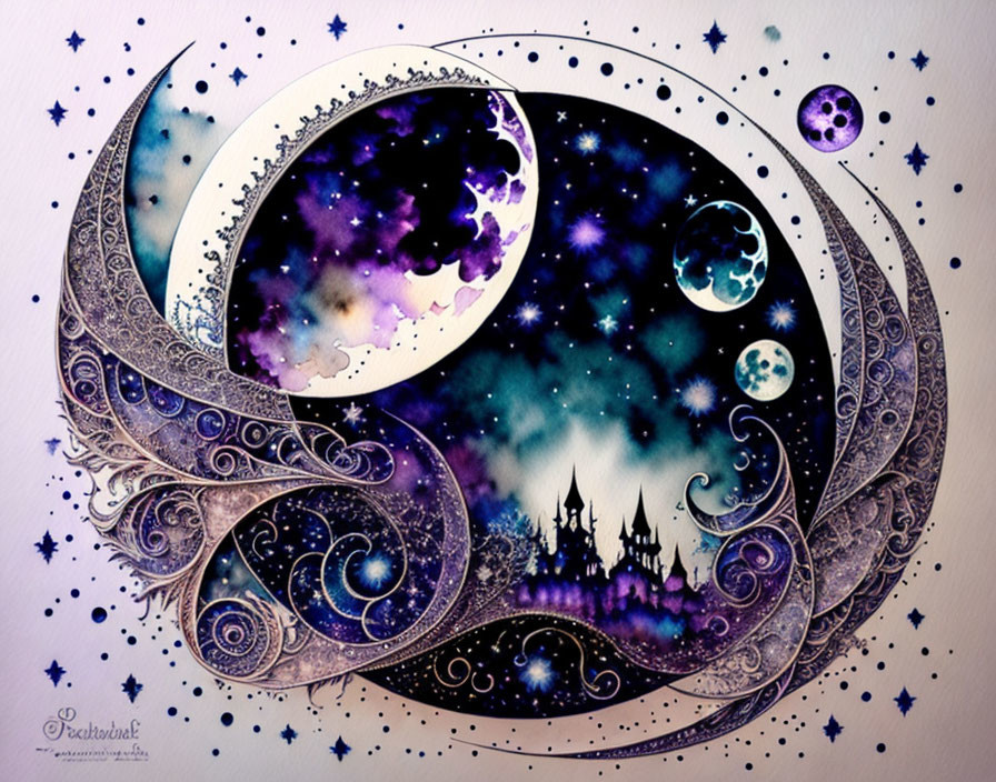 Cosmic crescent moon over starry castle and celestial patterns