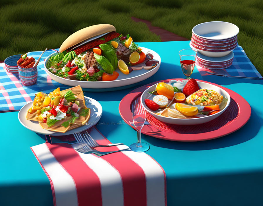 Vibrant summer picnic spread with assorted dishes on blue tablecloth