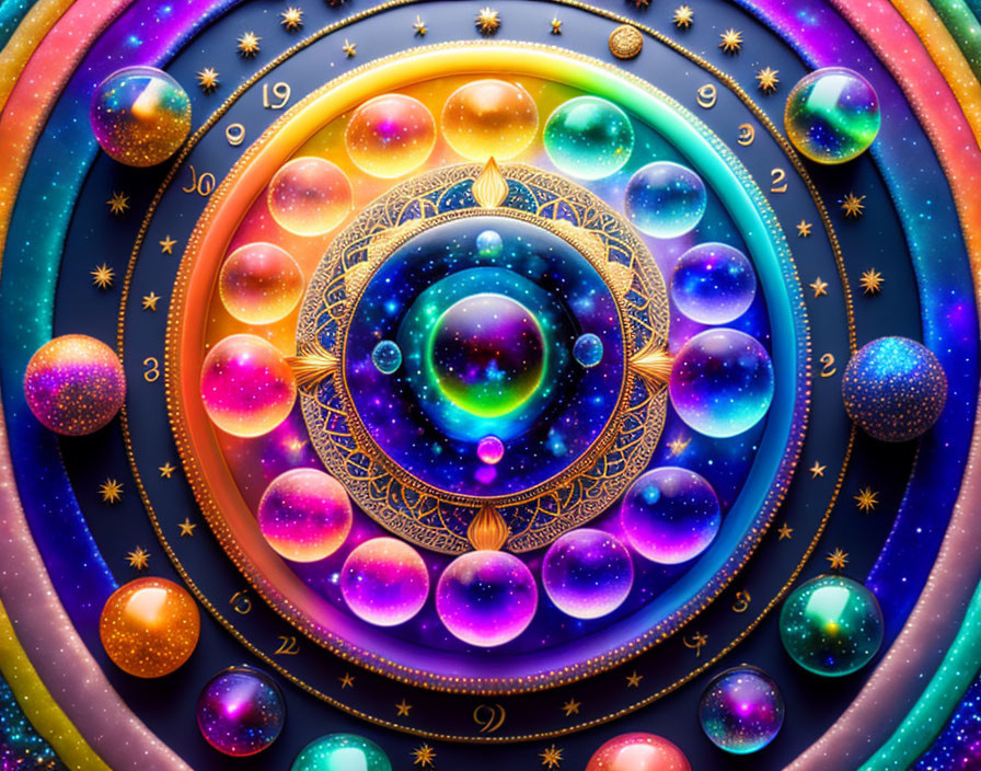 Colorful cosmic spheres with zodiac symbols in ornate design