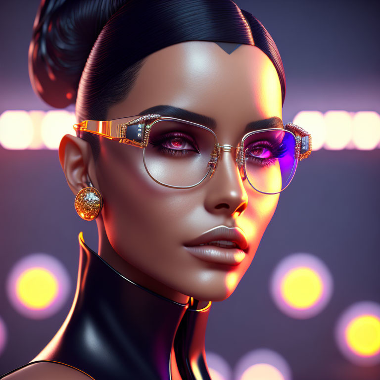 Digital artwork featuring woman with slicked-back hair, stylish glasses, glowing skin, large earrings, bo