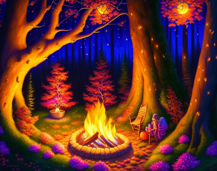 Fantasy woodland night scene with glowing campfire, lanterns, colorful flora, and person knitting.