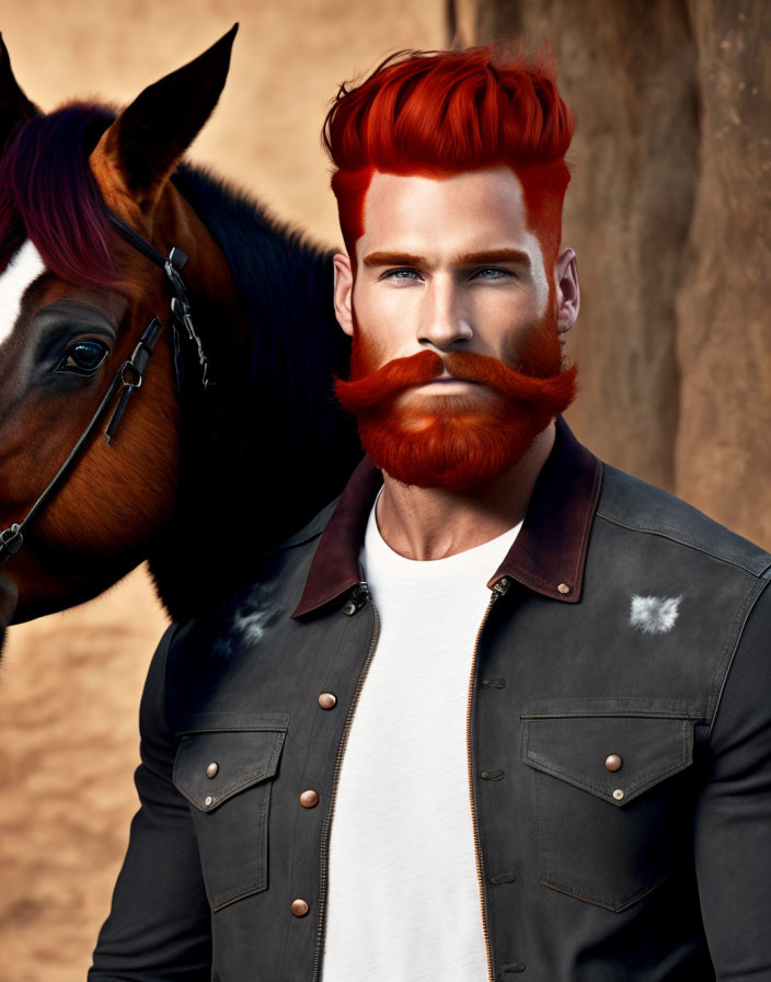 Vibrant red-haired man with stylized beard in leather jacket beside brown horse