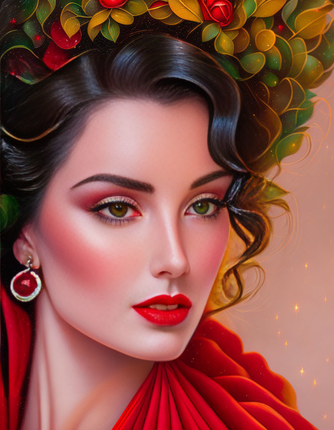 Stylized portrait of woman with red lipstick and colorful headdress