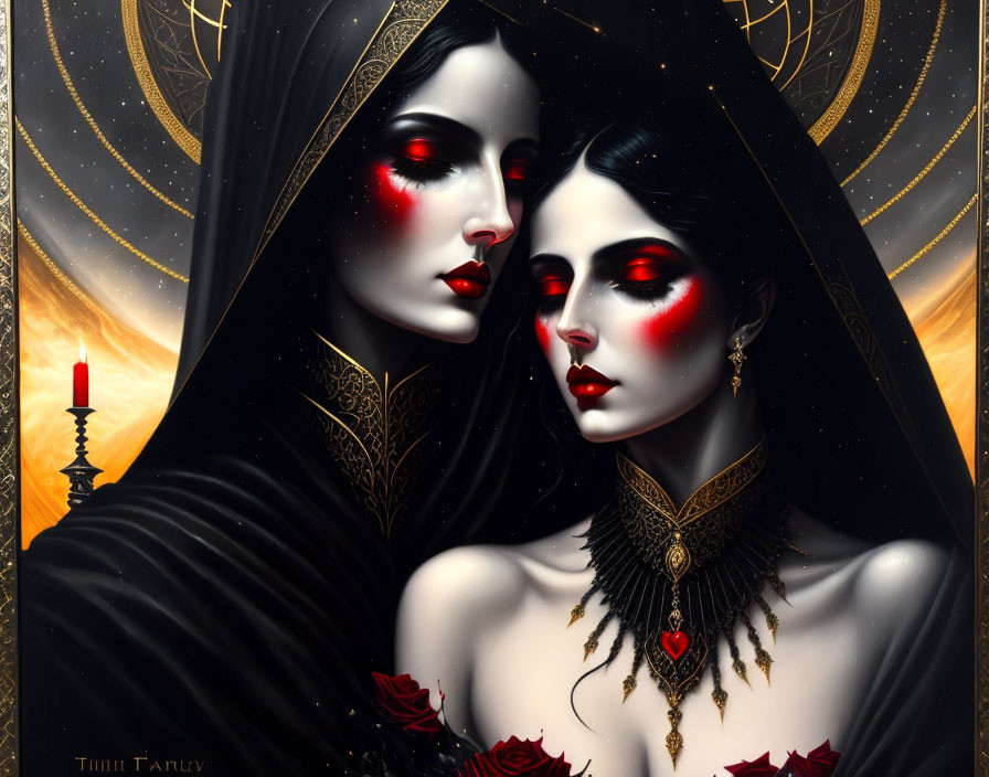 Stylized women with red eyes in black attire and gold details against a celestial backdrop.