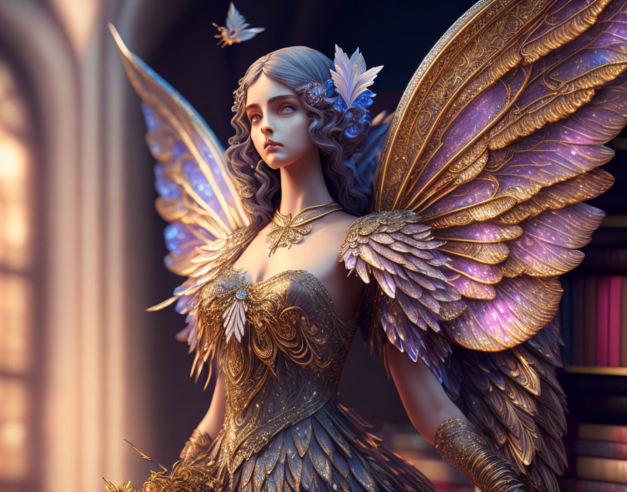 Majestic female angel with golden wings and armor in glowing light, surrounded by books.