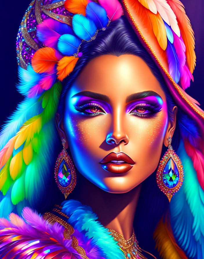 Colorful Woman Portrait with Feather Adornments and Jewel Earrings on Blue-Purple Background