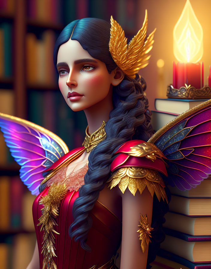 Female character in golden armor with butterfly wings in a candlelit library