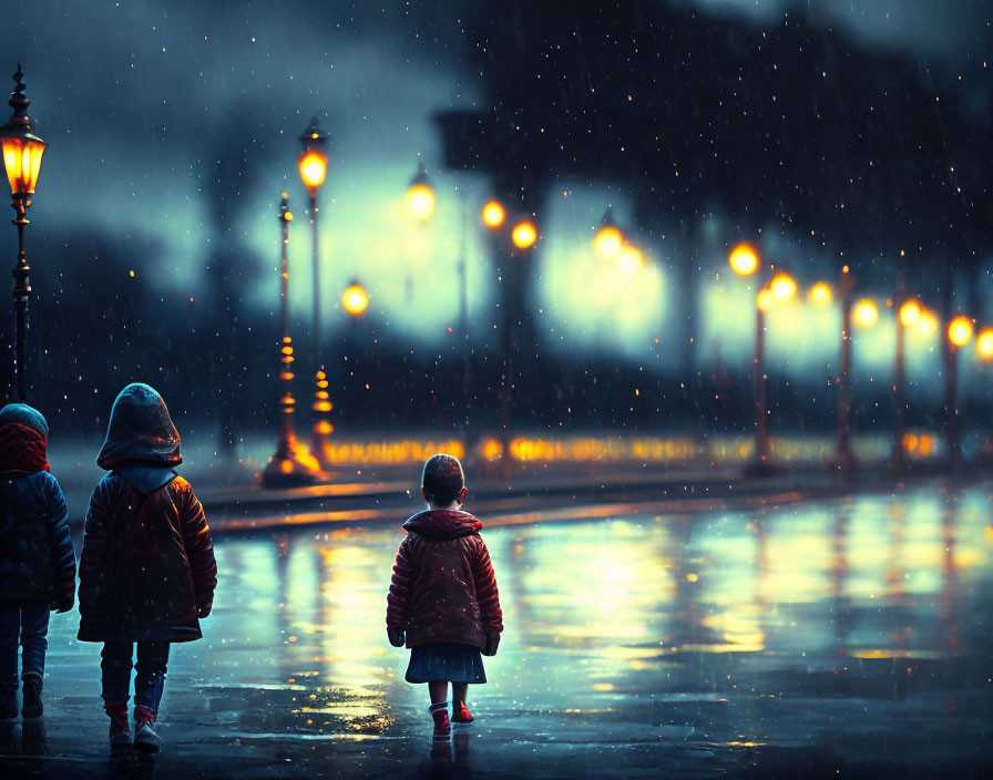 Three children under street lamps on rain-drenched street at dusk