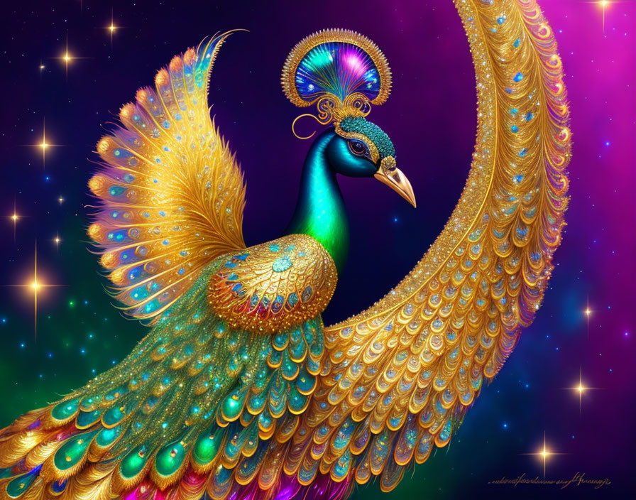 Colorful Peacock Illustration Against Cosmic Background