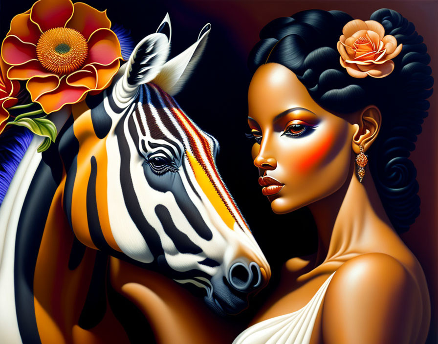 Colorful artwork: woman with flower and zebra in vibrant patterns