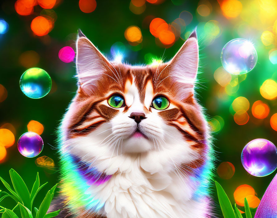 Colorful Portrait of Fluffy Cat with Green Eyes and Soap Bubbles