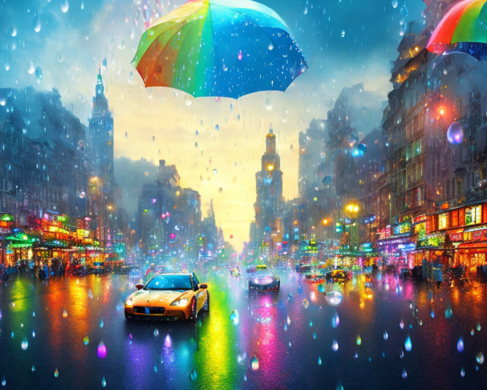 Colorful illuminated city street at night in the rain with reflections and a person holding a multicolored