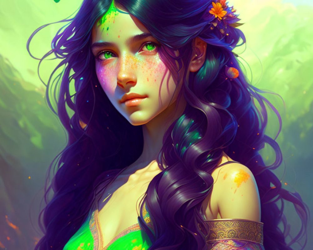 Digital portrait of woman with wavy blue hair, green eyes, and freckles adorned with colorful