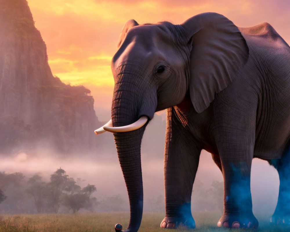 Elephant in serene landscape with mist, greenery, and mountains at dawn