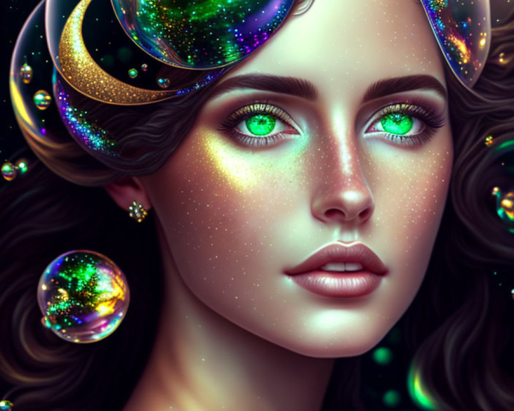 Cosmic-themed digital art portrait of a woman with green eyes