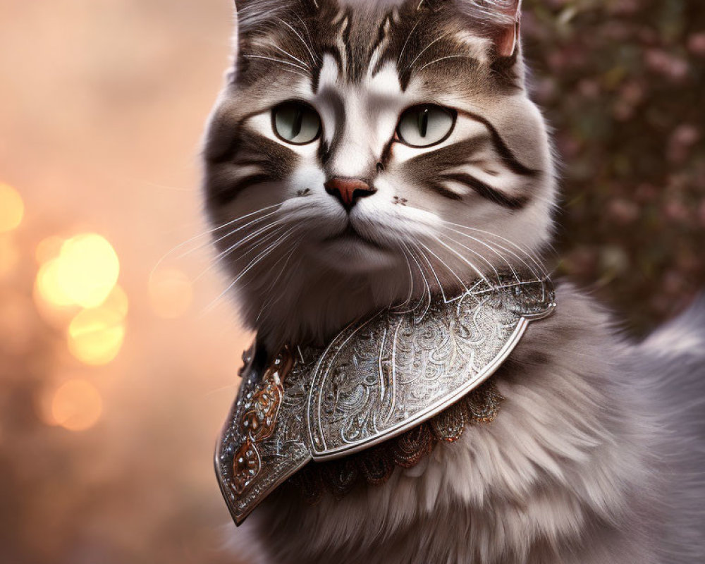 Digital Artwork: Cat with Green Human-Like Eyes and Metallic Shoulder Armor