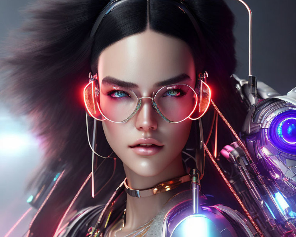 Futuristic female android with neon glasses and high-tech robotic body