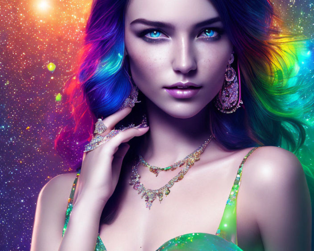 Vibrant digital portrait of woman with rainbow hair and blue eyes against cosmic backdrop