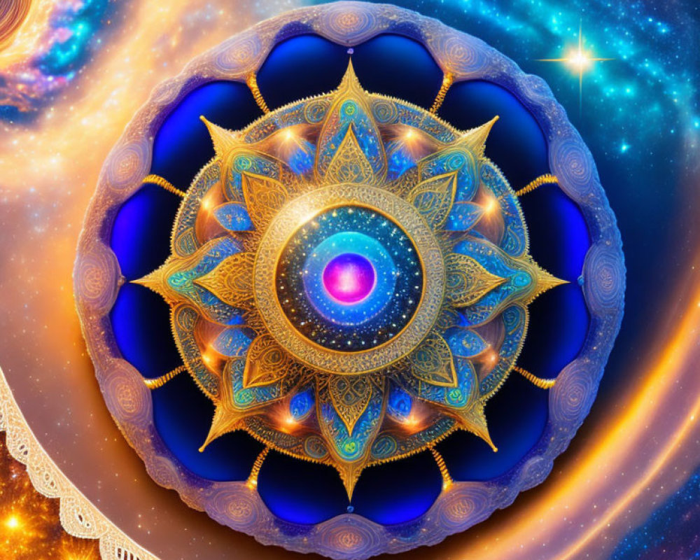 Colorful mandala surrounded by cosmic elements