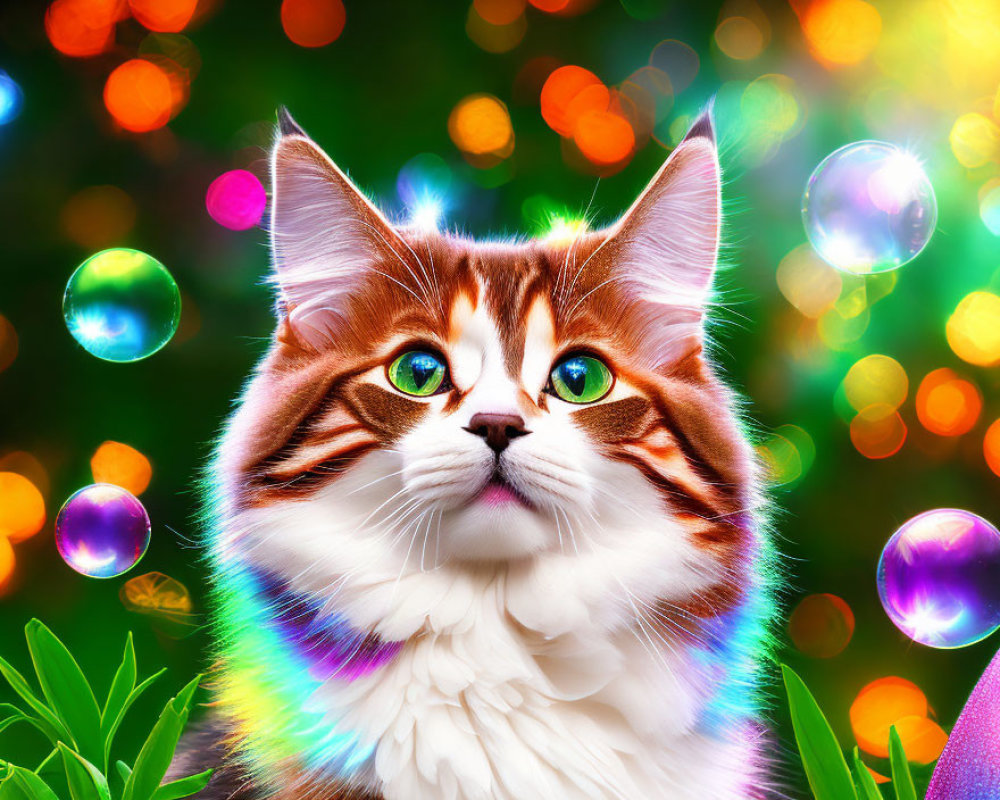 Colorful Portrait of Fluffy Cat with Green Eyes and Soap Bubbles