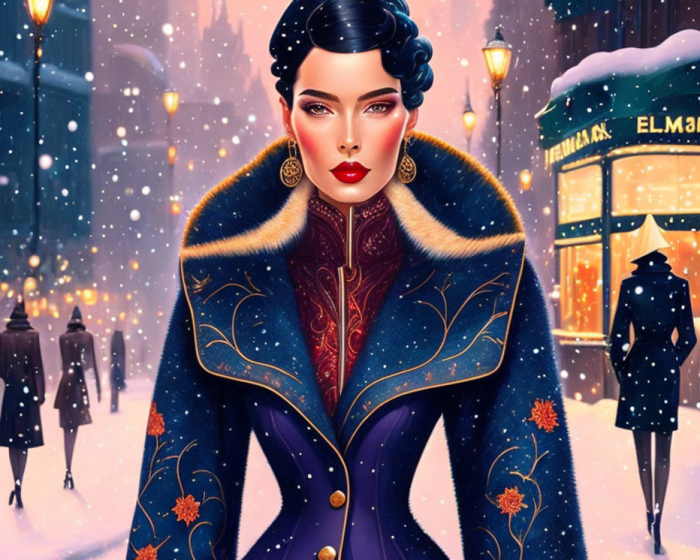 Illustrated woman in stylish blue winter coat with gold and red embroidery in snowy setting