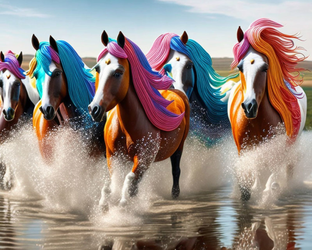 Five Majestic Horses with Dyed Manes Gallop in Shallow Water