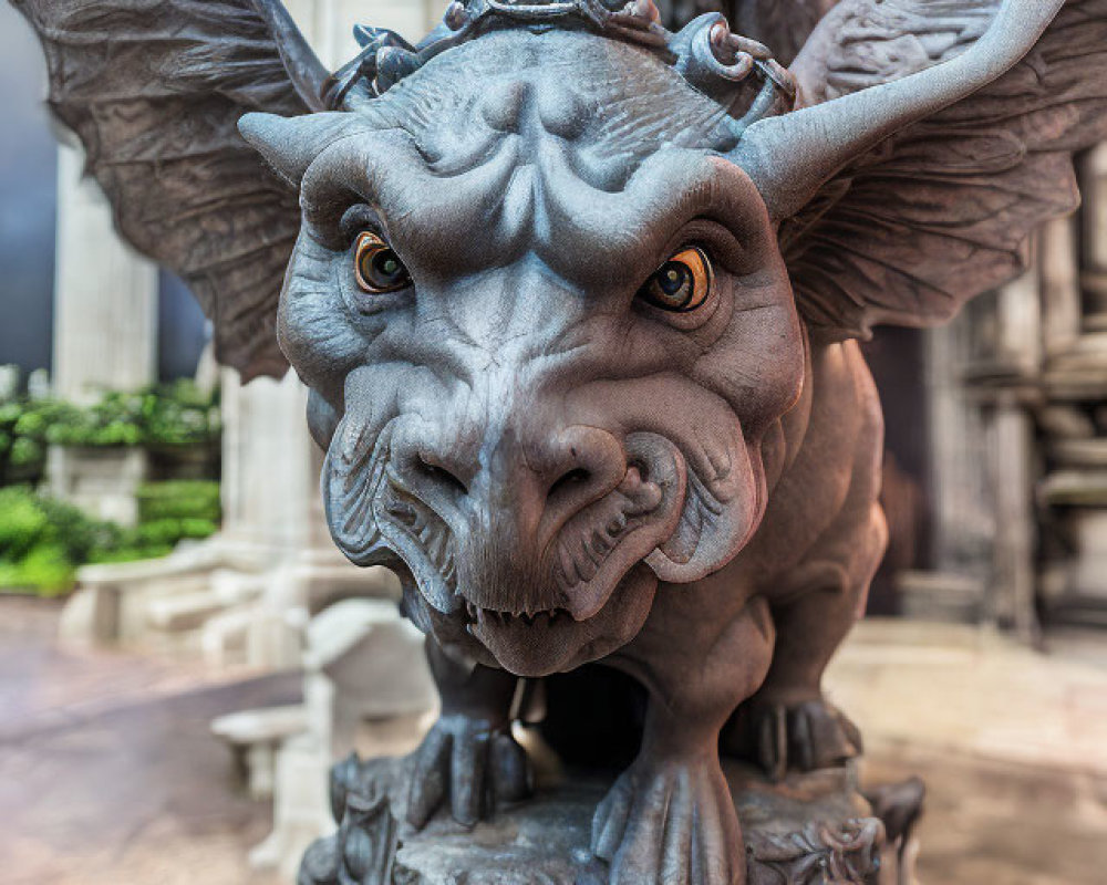 Stone gargoyle with large wings and fierce expression on ornate pedestal.