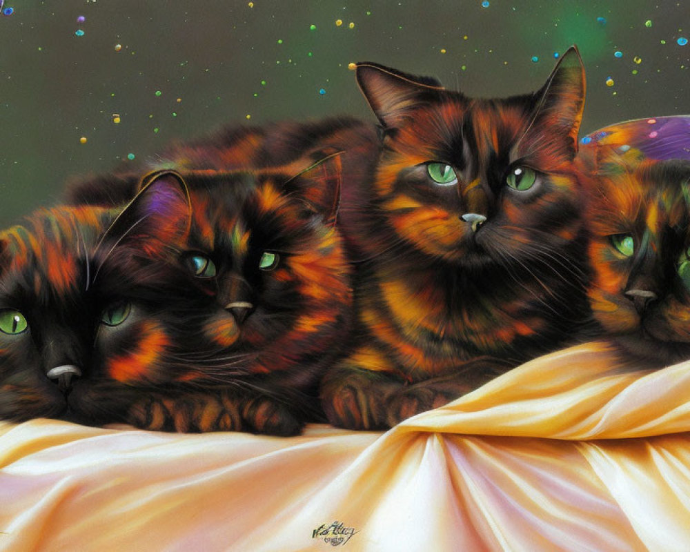 Four cats with cosmic fur patterns and green eyes in a painting with floating orbs