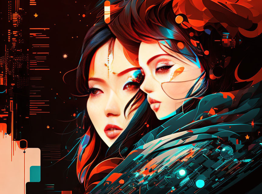 Futuristic cyberpunk digital art featuring two women with Asian features